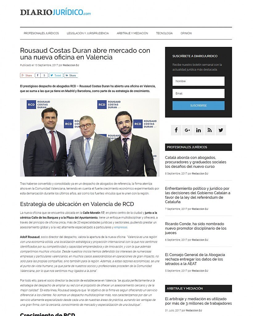 Rousaud Costas Duran abre mercado con una nueva oficina en Valencia